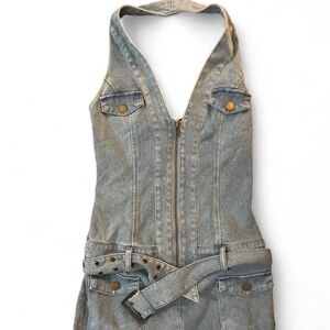 Y2K Denim Halter Dress with Belt